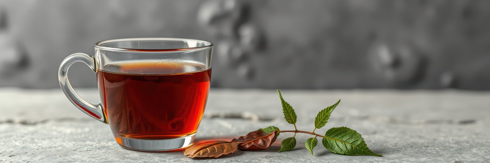 Freshly brewed herbal tea in a glass cup with leaves on a rustic background